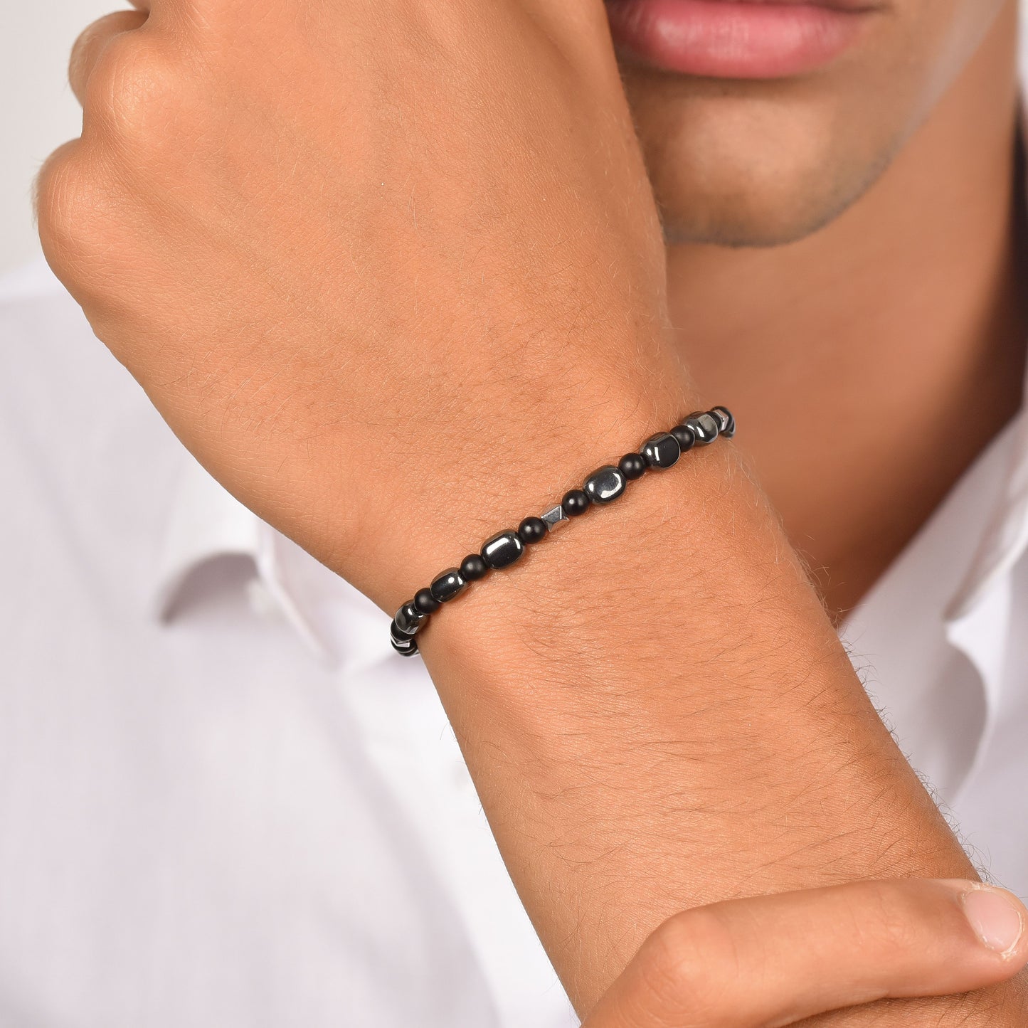 BRACELET HOMME EN ACIER AVEC IP GUN ET HÉMATITE NOIRE