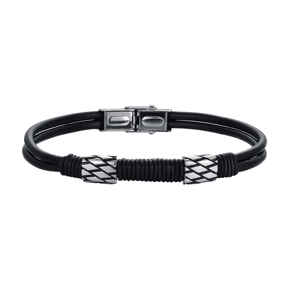 BRACELET HOMME EN CUIR NOIR AVEC ÉLÉMENTS EN ACIER