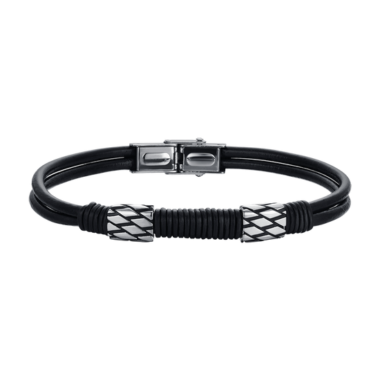 BRACELET HOMME EN CUIR NOIR AVEC ÉLÉMENTS EN ACIER