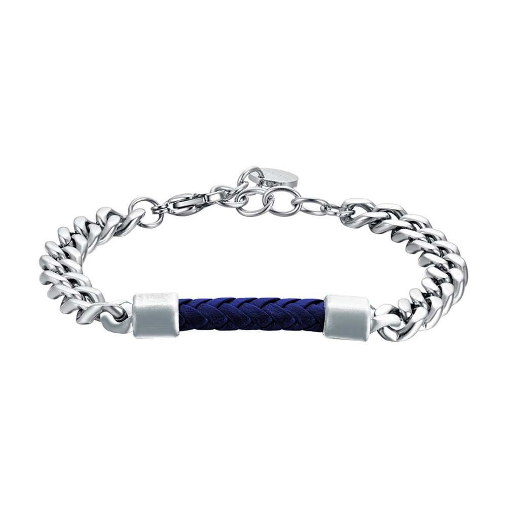 BRACELET HOMME EN ACIER AVEC ÉLÉMENT EN CUIR BLEU