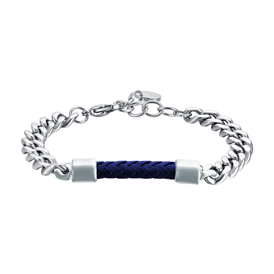 BRACELET HOMME EN ACIER AVEC ÉLÉMENT EN CUIR BLEU