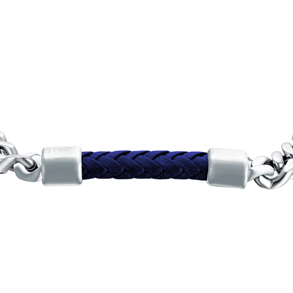 BRACELET HOMME EN ACIER AVEC ÉLÉMENT EN CUIR BLEU