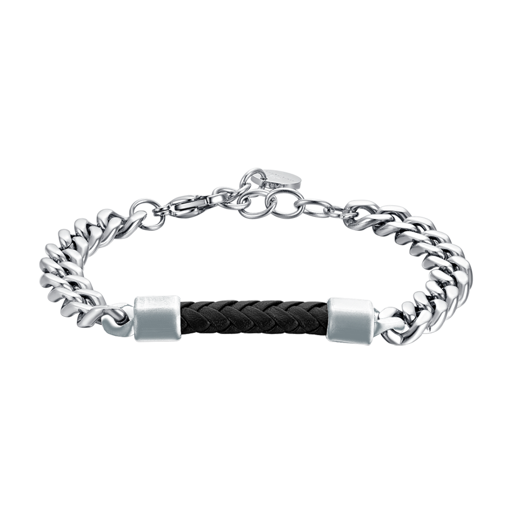 BRACELET HOMME EN ACIER AVEC ÉLÉMENT EN CUIR NOIR