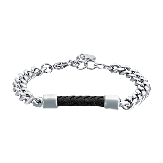 BRACELET HOMME EN ACIER AVEC ÉLÉMENT EN CUIR NOIR