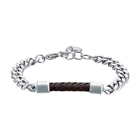 BRACELET HOMME EN ACIER AVEC ÉLÉMENT EN CUIR BRUN