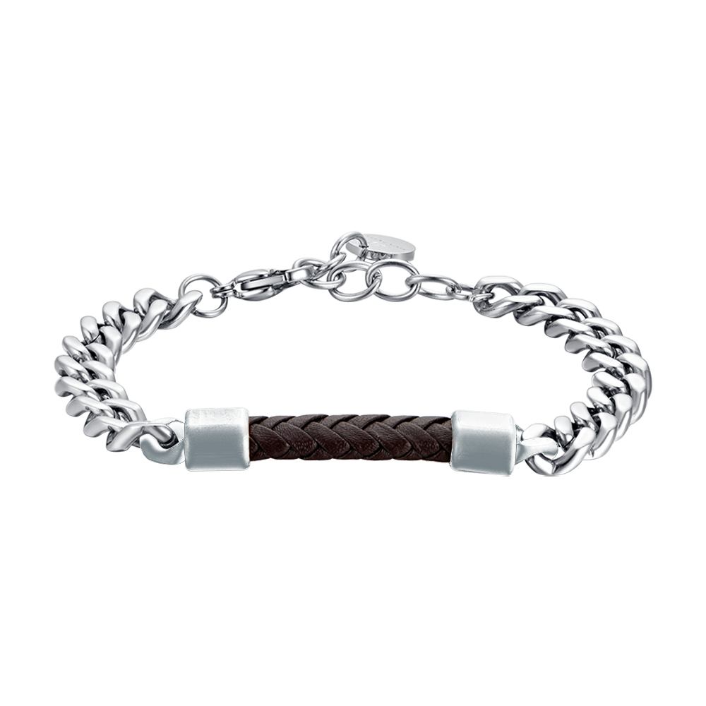 BRACELET HOMME EN ACIER AVEC ÉLÉMENT EN CUIR BRUN