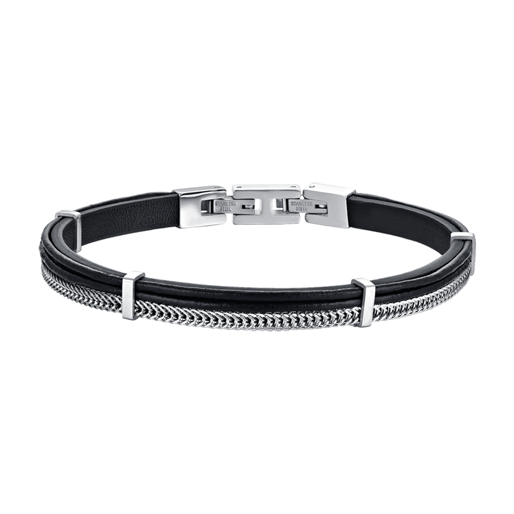 BRACELET HOMME EN CUIR NOIR AVEC ÉLÉMENTS EN ACIER