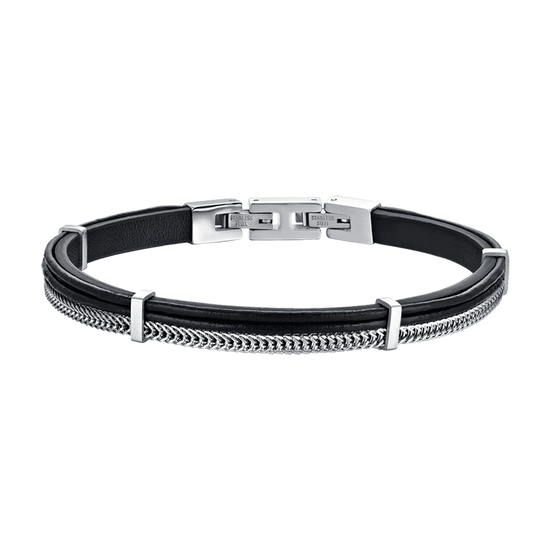 BRACELET HOMME EN CUIR NOIR AVEC ÉLÉMENTS EN ACIER