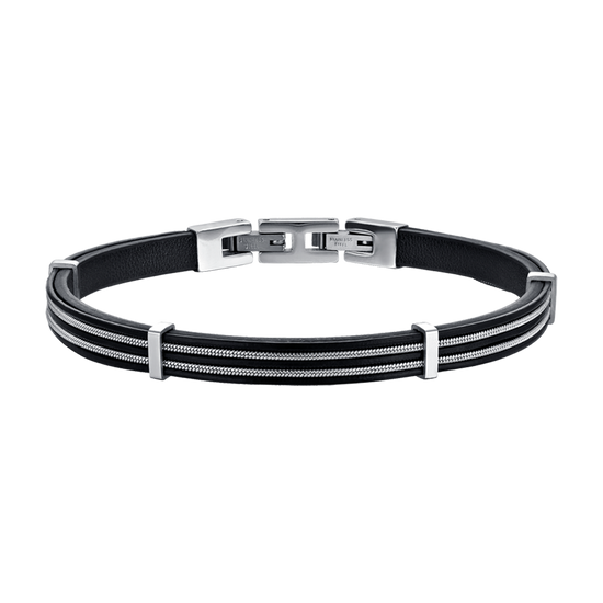 BRACELET HOMME EN CUIR NOIR AVEC ÉLÉMENTS EN ACIER