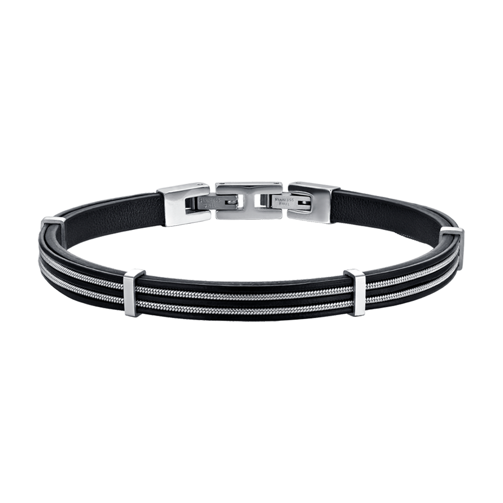 BRACELET HOMME EN CUIR NOIR AVEC ÉLÉMENTS EN ACIER