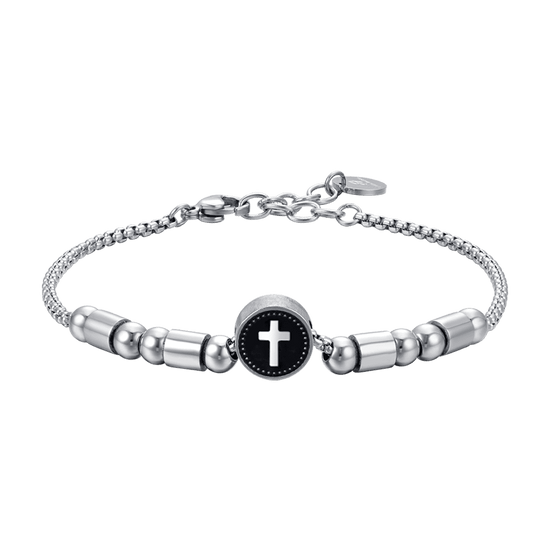 BRACELET HOMME EN ACIER AVEC CROIX EN ARGENT ET ÉMAIL NOIR