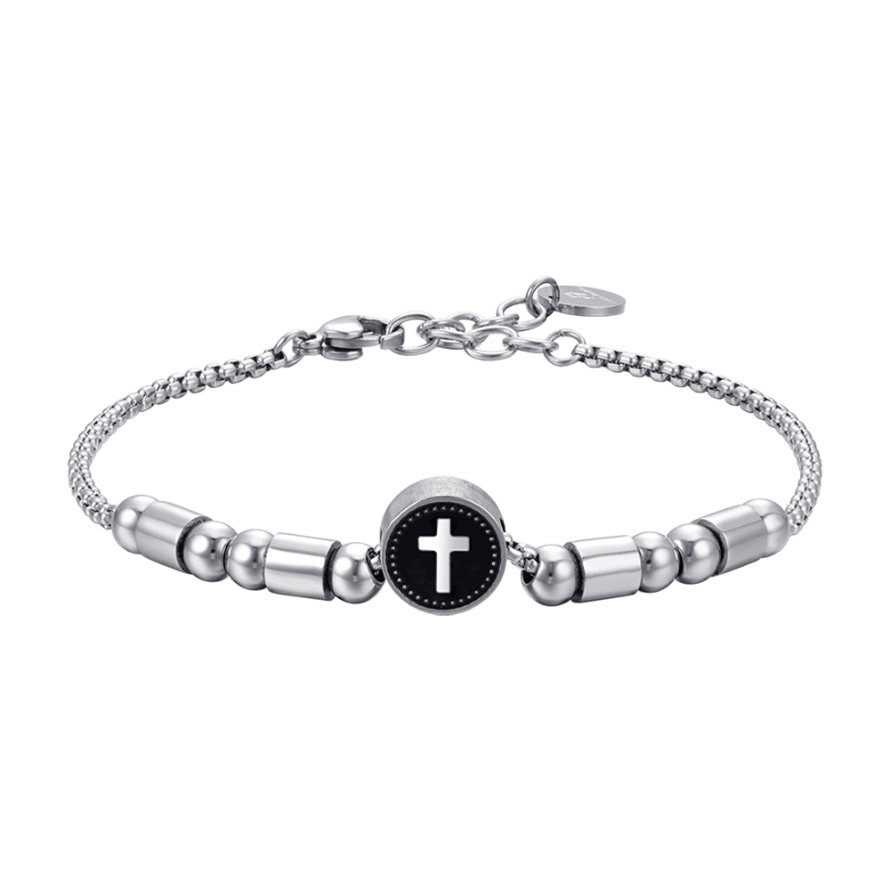 BRACELET HOMME EN ACIER AVEC CROIX EN ARGENT ET ÉMAIL NOIR