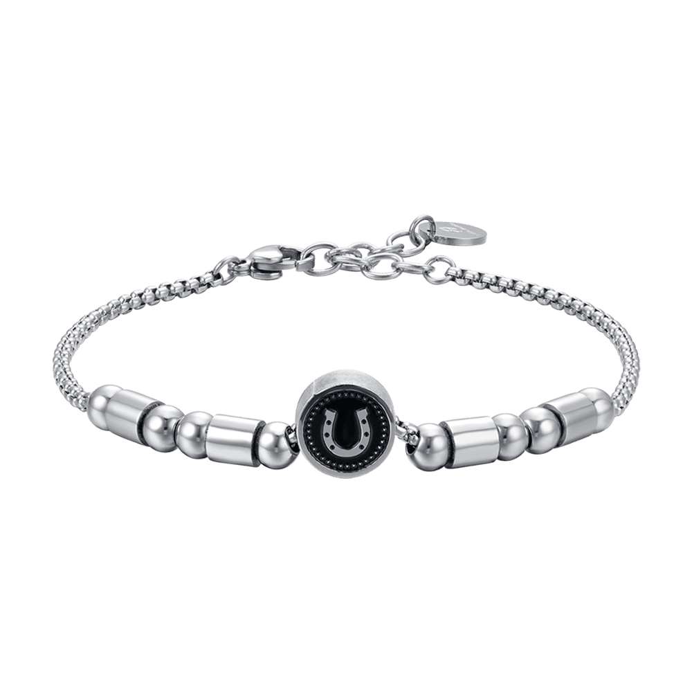 BRACELET HOMME EN ACIER AVEC FER À CHEVAL ARGENTÉ ET ÉMAIL NOIR