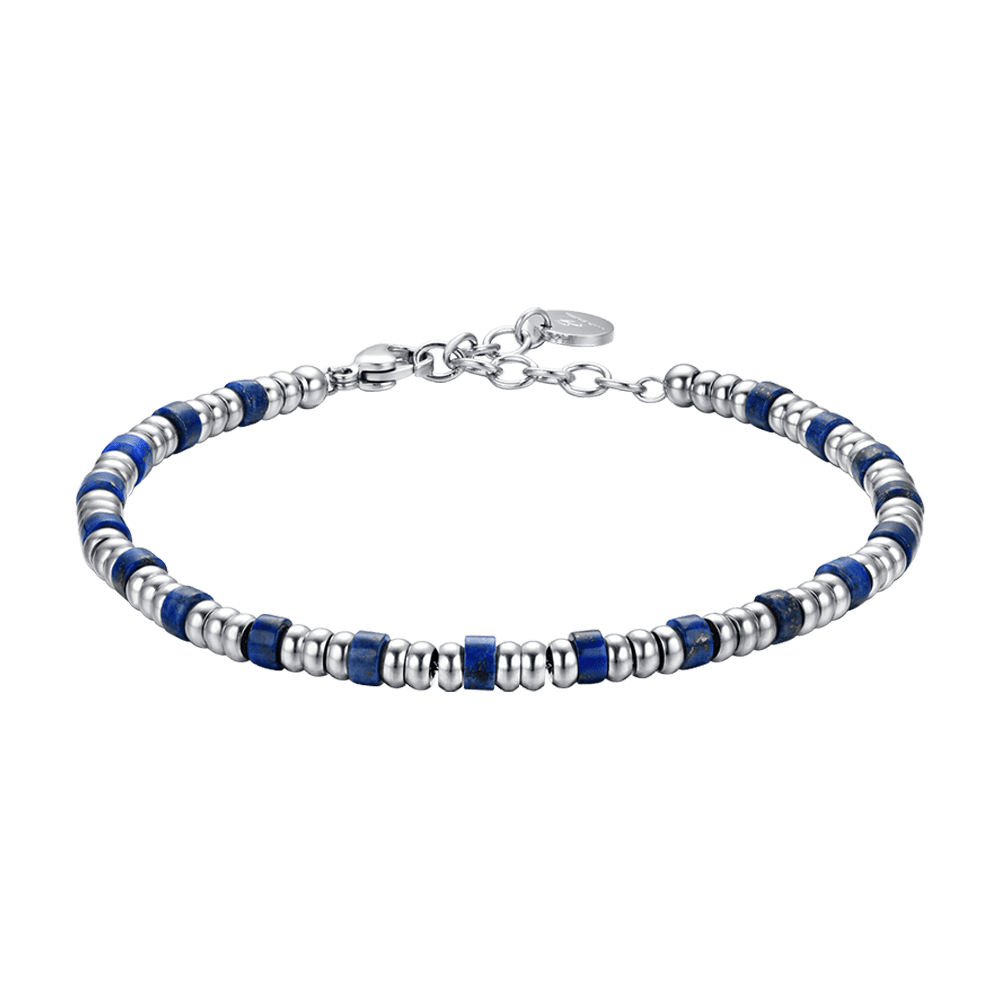 BRACELET HOMME EN ACIER AVEC ÉLÉMENTS EN ARGENT ET PIERRES BLEUES