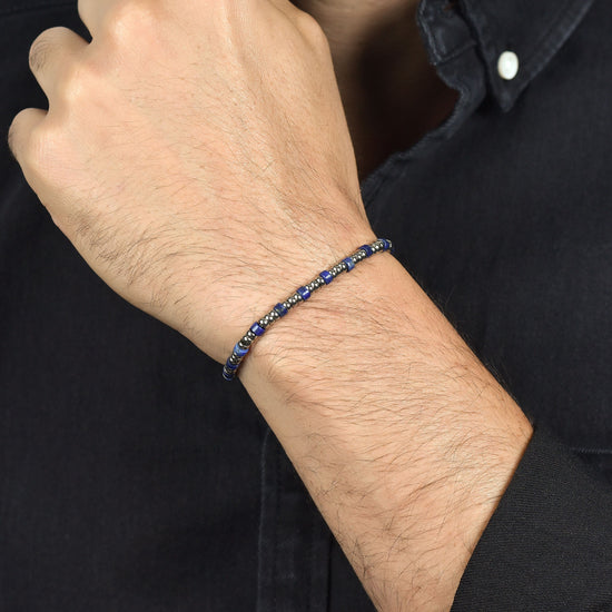 BRACELET HOMME EN ACIER AVEC ÉLÉMENTS EN ARGENT ET PIERRES BLEUES