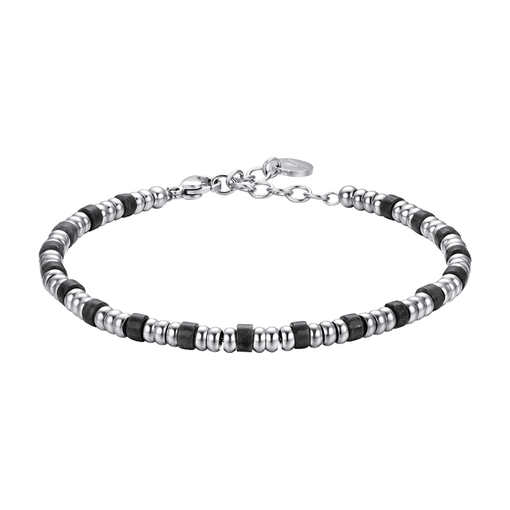 BRACELET POUR HOMME EN ACIER AVEC ÉLÉMENTS EN ARGENT ET PIERRES NOIRES Luca Barra