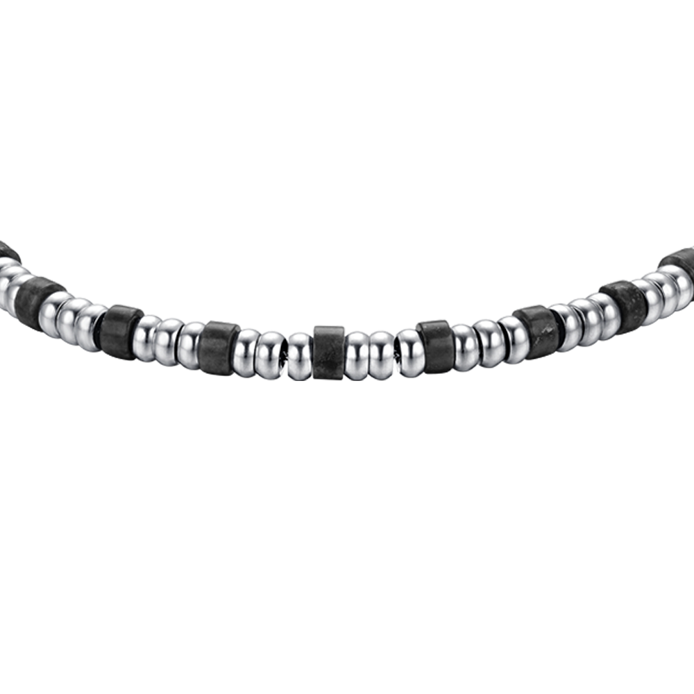 BRACELET HOMME EN ACIER AVEC ÉLÉMENTS EN ARGENT ET PIERRES NOIRES