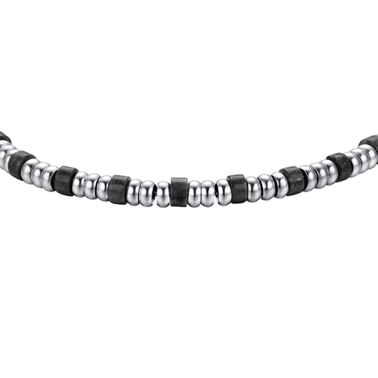 BRACELET HOMME EN ACIER AVEC ÉLÉMENTS EN ARGENT ET PIERRES NOIRES