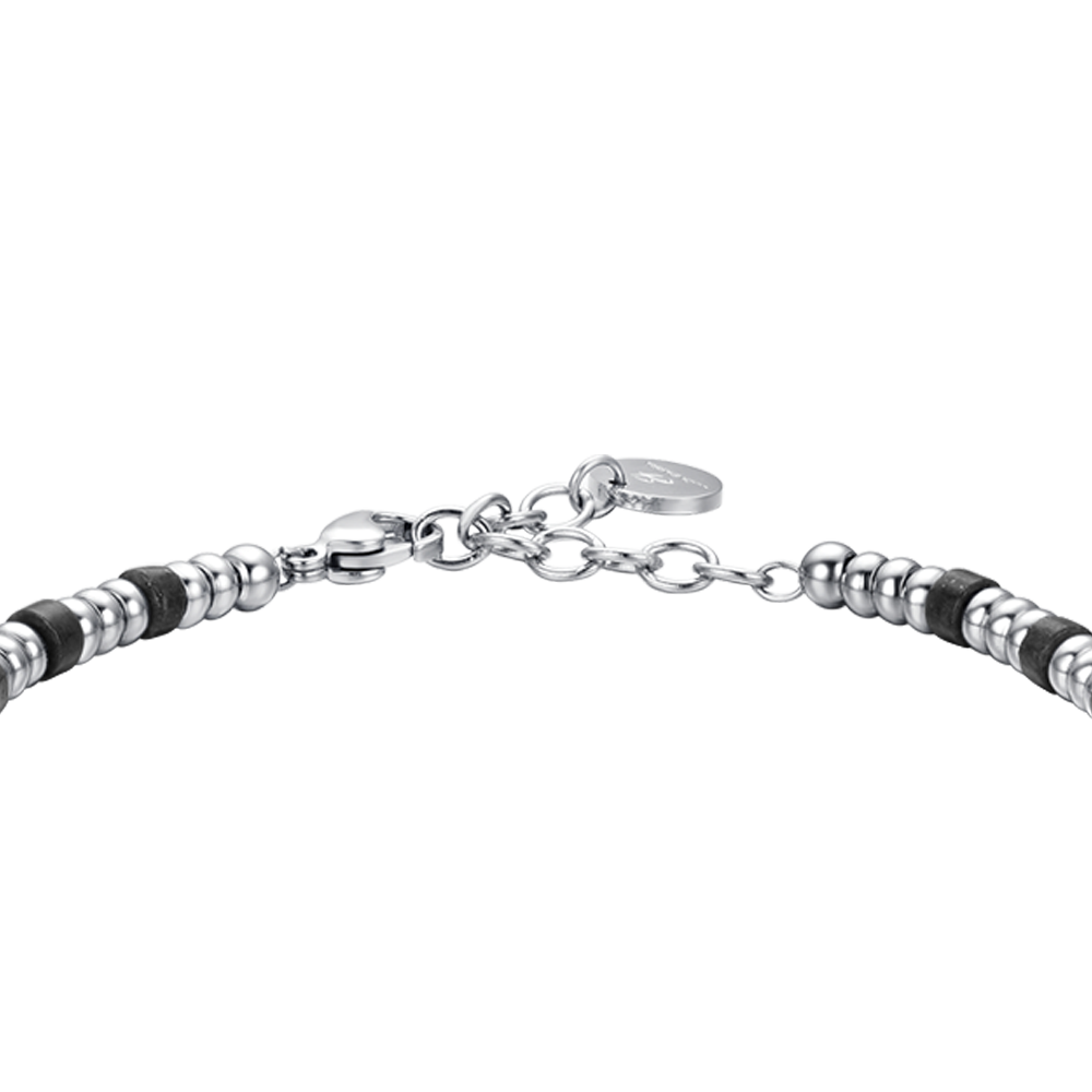 BRACELET HOMME EN ACIER AVEC ÉLÉMENTS EN ARGENT ET PIERRES NOIRES