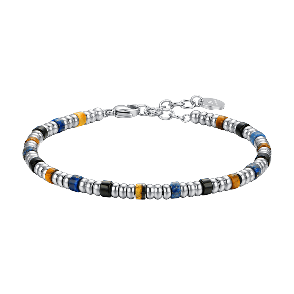 BRACELET HOMME EN ACIER AVEC ÉLÉMENTS EN ARGENT ET PIERRES MULTICOLORES