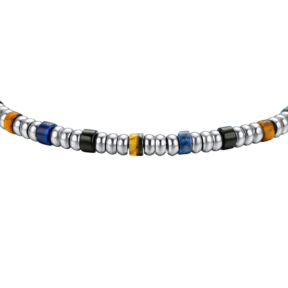 BRACELET HOMME EN ACIER AVEC ÉLÉMENTS EN ARGENT ET PIERRES MULTICOLORES