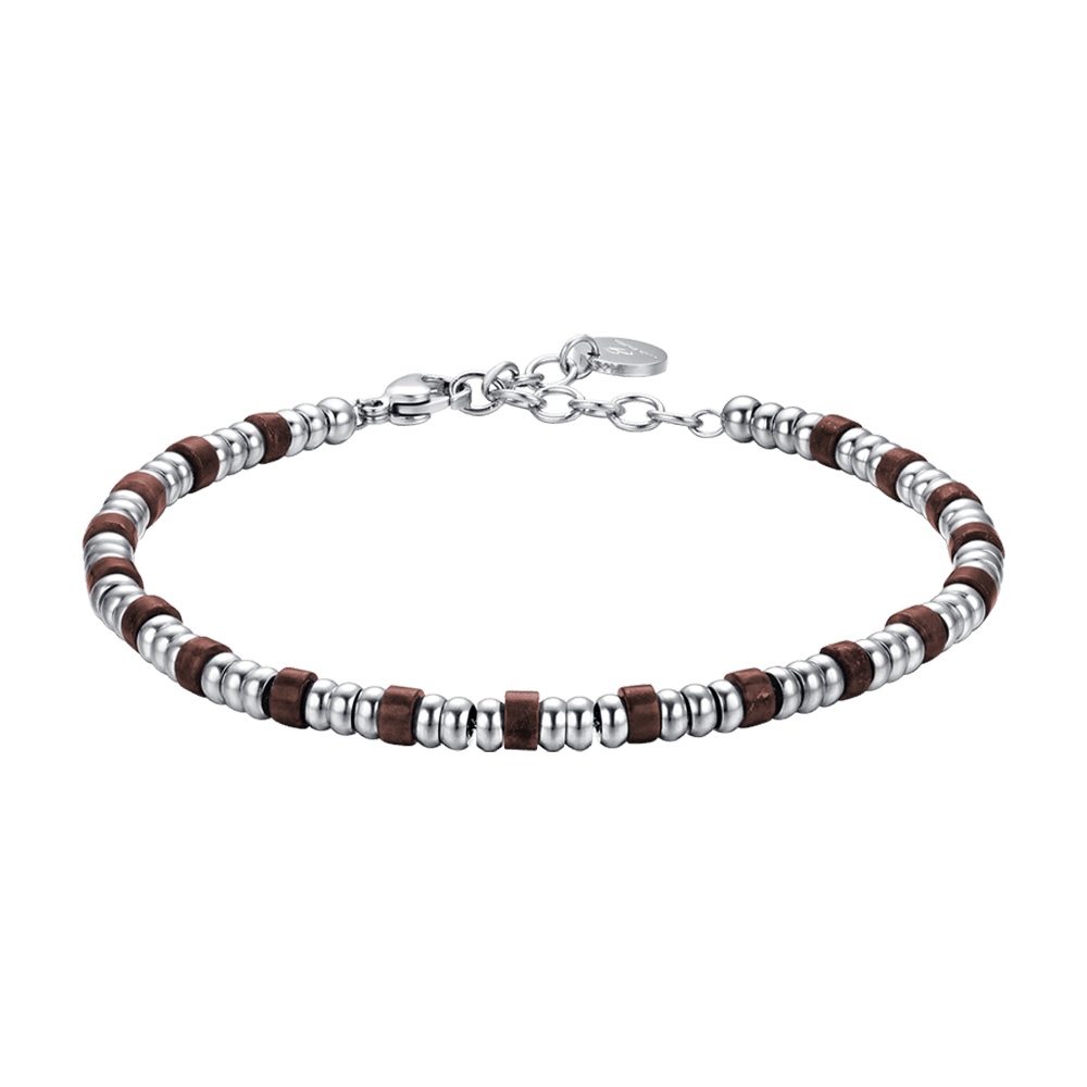 BRACELET HOMME EN ACIER AVEC ÉLÉMENTS EN ARGENT ET PIERRES EN OEIL DE TIGRE