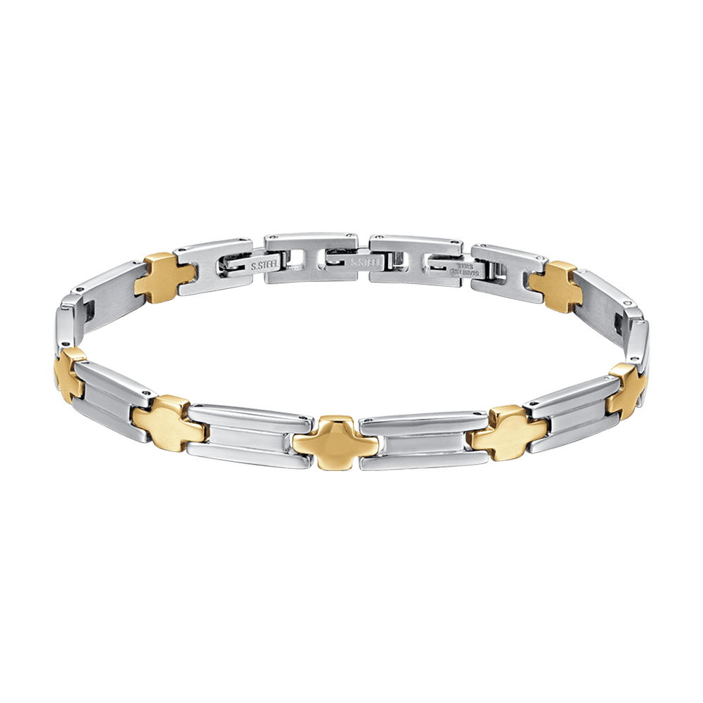 BRACELET HOMME EN ACIER AVEC CROIX EN OR IP