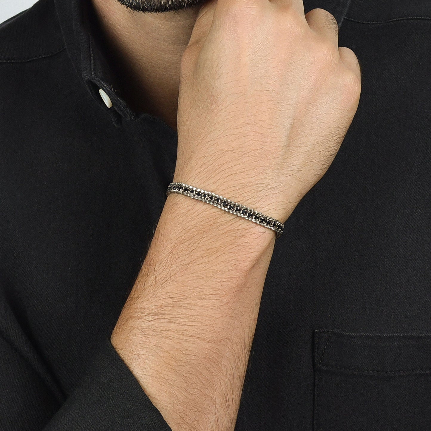 BRACELET DE TENNIS EN ACIER POUR HOMMES AVEC CRISTAUX NOIRS