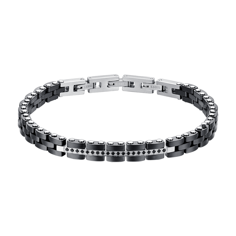 BRACELET HOMME EN ACIER ET CÉRAMIQUE NOIRE AVEC CRISTAUX NOIRS