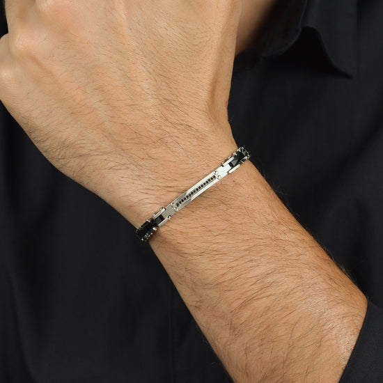 BRACELET HOMME EN ACIER ET CÉRAMIQUE NOIRE AVEC CRISTAUX NOIRS