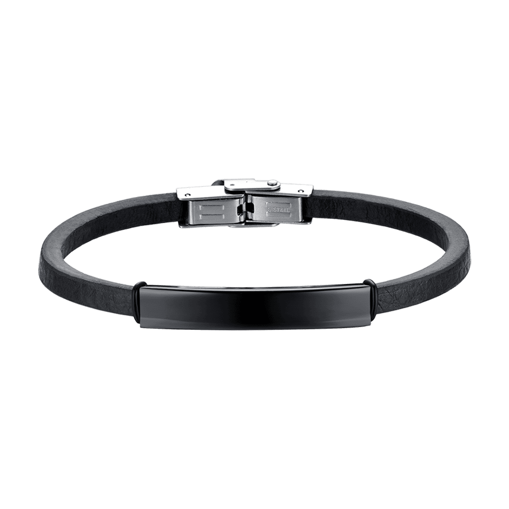 BRACELET HOMME EN CUIR AVEC PLAQUE EN ACIER IP NOIR