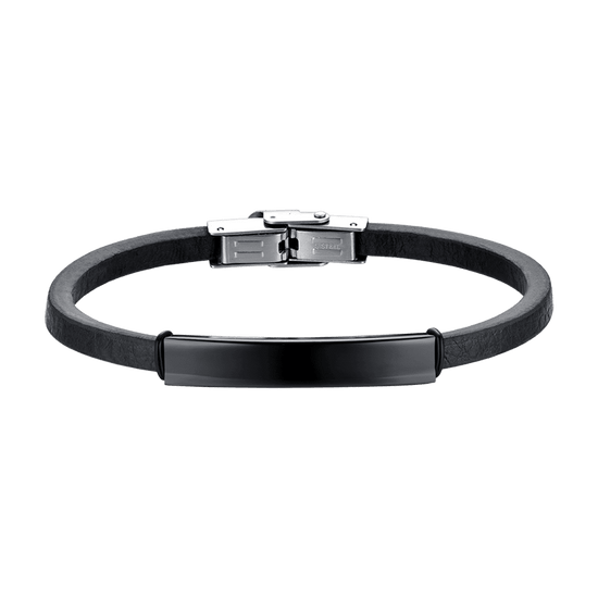 BRACELET HOMME EN CUIR AVEC PLAQUE EN ACIER IP NOIR