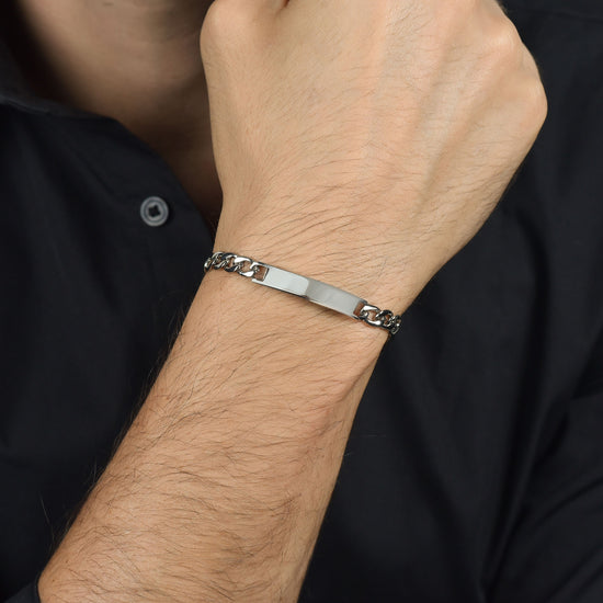 BRACELET HOMME EN ACIER AVEC PLAQUE ARGENTÉE