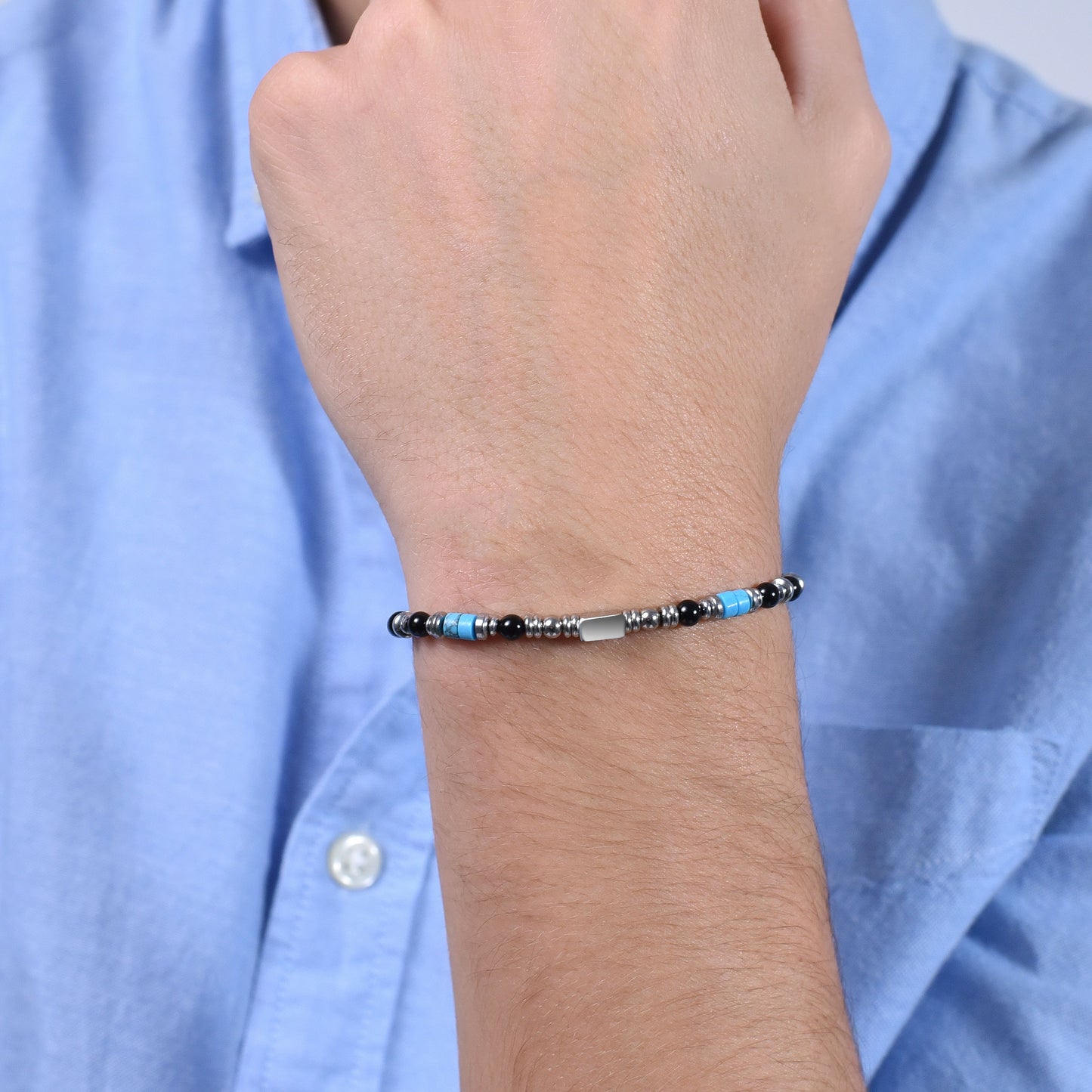 BRACELET HOMME EN ACIER AVEC AGATE NOIRE