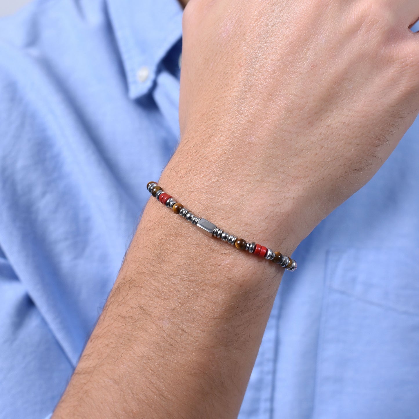 BRACELET HOMME EN ACIER AVEC PIERRE OEIL DE TIGRE