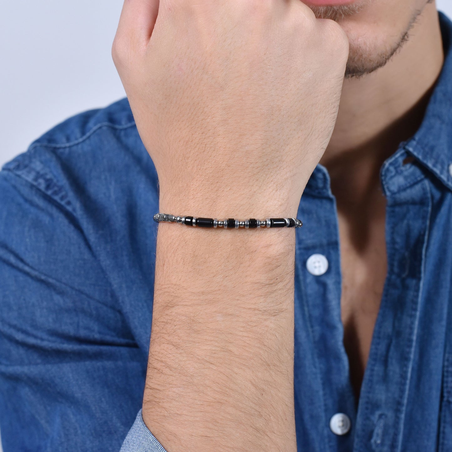 BRACELET HOMME EN ACIER AGATE NOIR