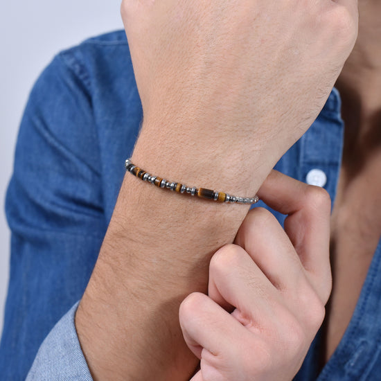 BRACELET HOMME EN ACIER AVEC PIERRE OEIL DE TIGRE