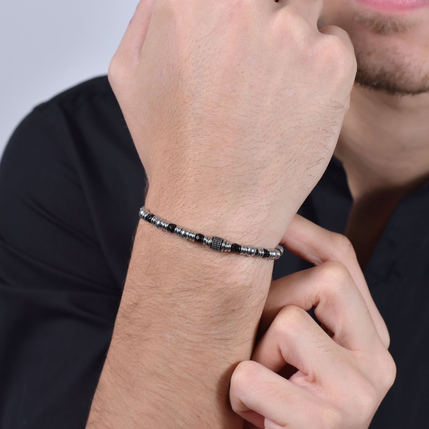 BRACELET ET ÉLÉMENTS EN ACIER AGATE NOIR POUR HOMME