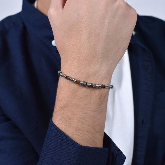 BRACELET HOMME EN ACIER AVEC PIERRE OEIL DE TIGRE