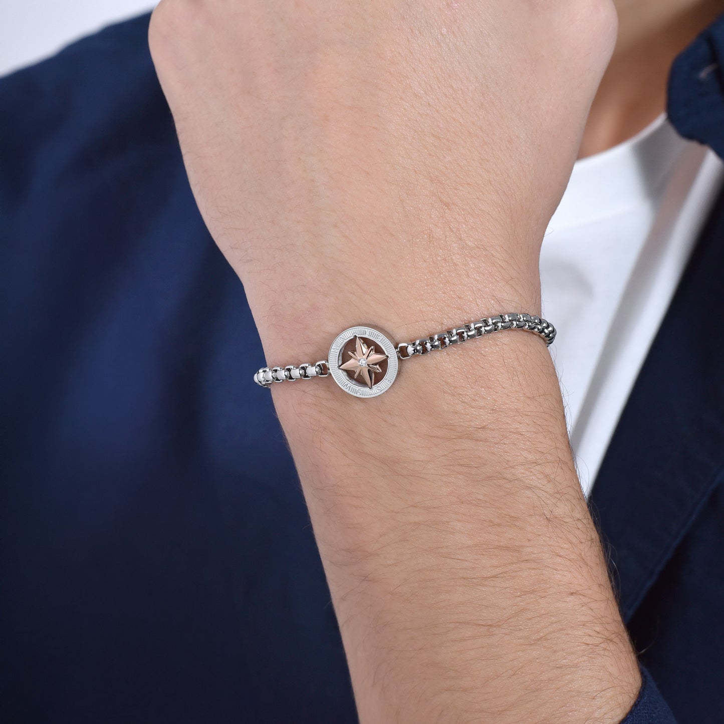 BRACELET HOMME EN ACIER AVEC ROSE IP ROSE DES VENTS