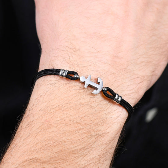 BRACELET NOIR EN CORDE ET ANCRE POUR HOMMES