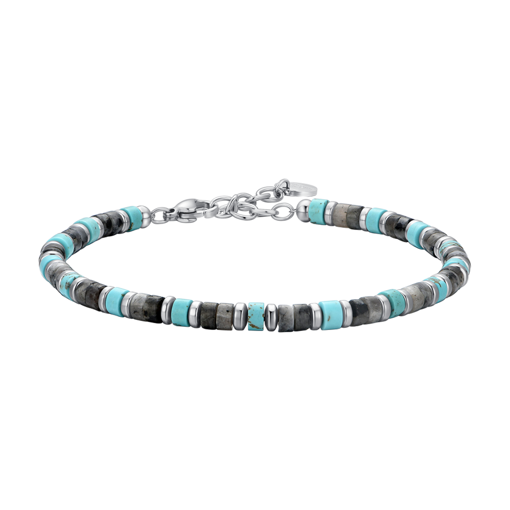 BRACELET HOMME EN ACIER AVEC PIERRES GRISES ET TURQUOISES