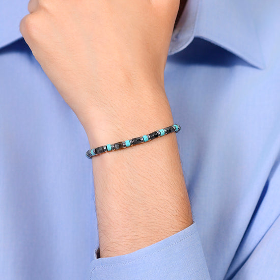 BRACELET HOMME EN ACIER AVEC PIERRES GRISES ET TURQUOISES