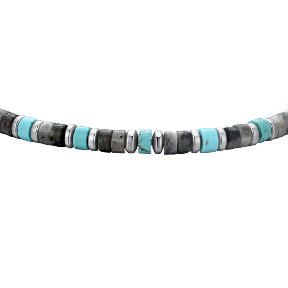 BRACELET HOMME EN ACIER AVEC PIERRES GRISES ET TURQUOISES