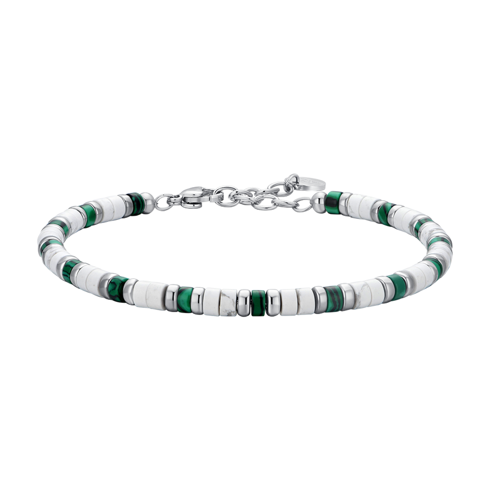 BRACELET HOMME EN ACIER PIERRES BLANCHES ET VERTES