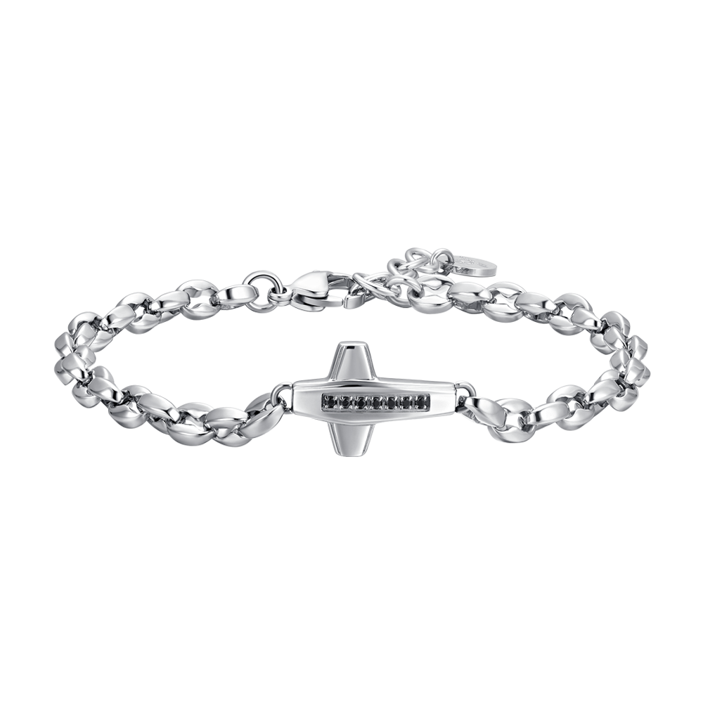 BRACELET HOMME CROIX EN ACIER ET ZIRCON CUBIQUE NOIR