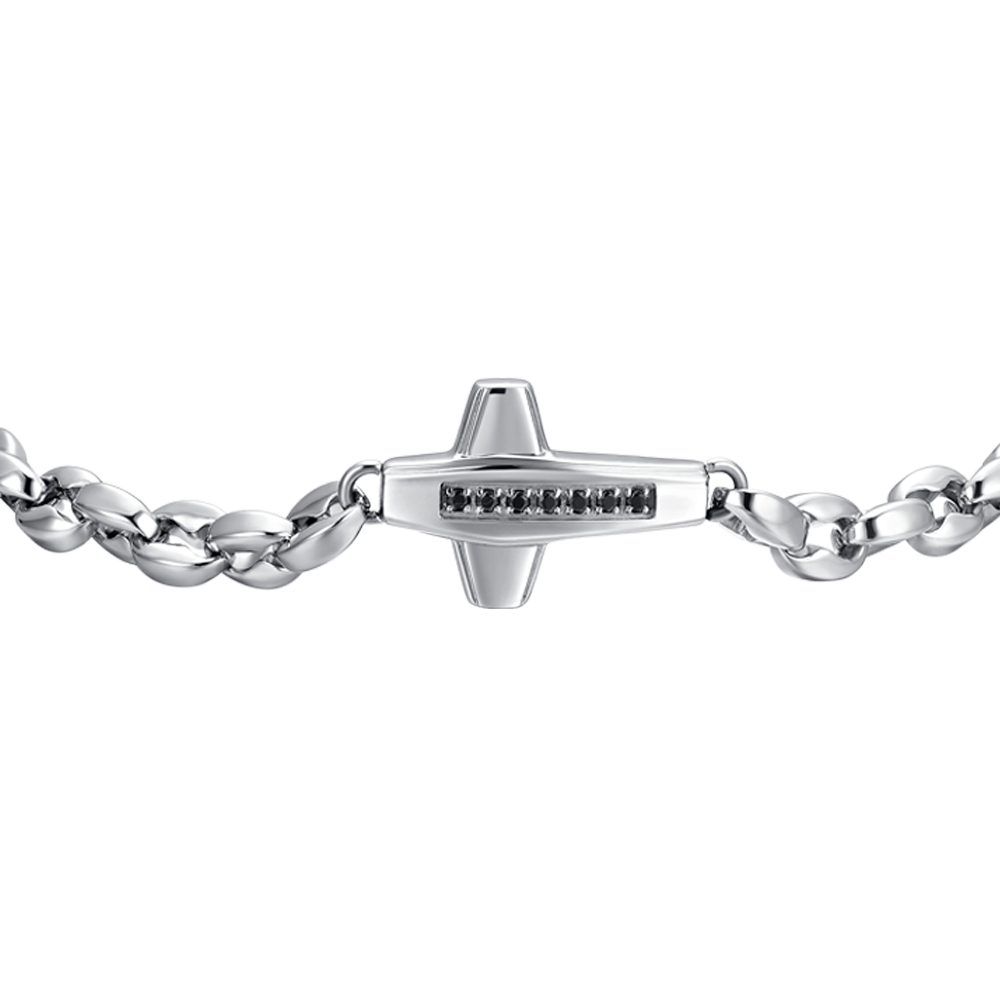 BRACELET HOMME CROIX EN ACIER ET ZIRCON CUBIQUE NOIR