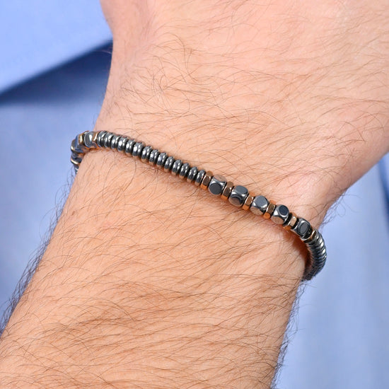 BRACELET ACIER HÉMATITE ARGENT ET OR ROSE POUR HOMME