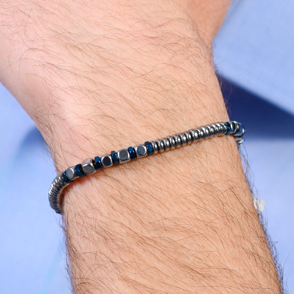 BRACELET HOMME EN ACIER ARGENTÉ ET HÉMATITE BLEUE