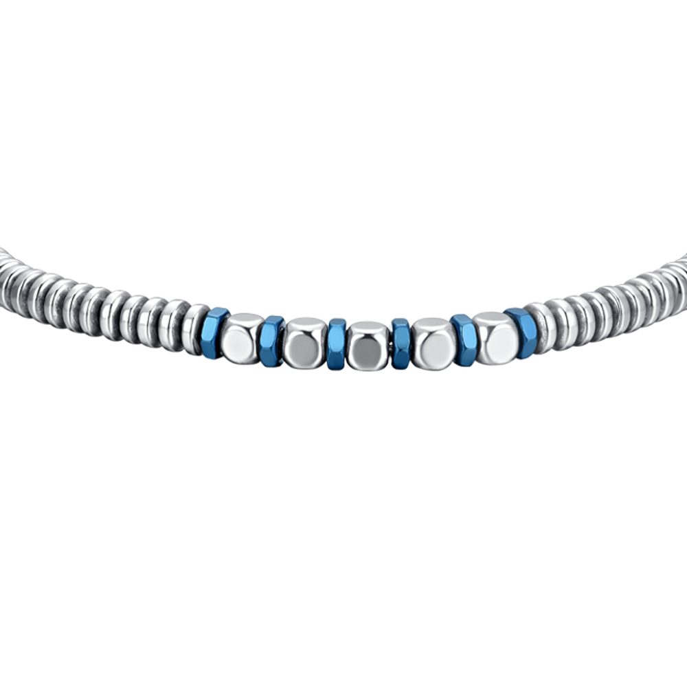 BRACELET HOMME EN ACIER ARGENTÉ ET HÉMATITE BLEUE